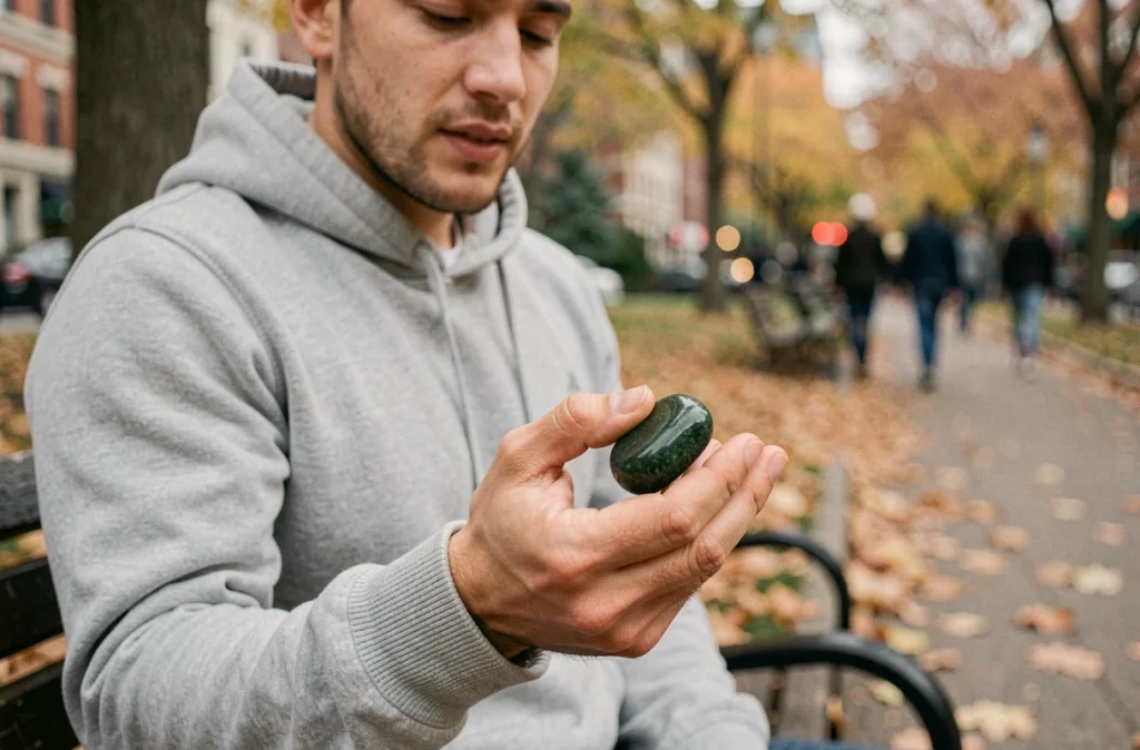 Homme tenant un worry stone en pierre verte dans un parc en automne, technique pour arrêter de se ronger les ongles