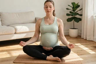 Femme enceinte pratiquant le yoga prénatal en position assise sur un tapis de liège dans un salon lumineux